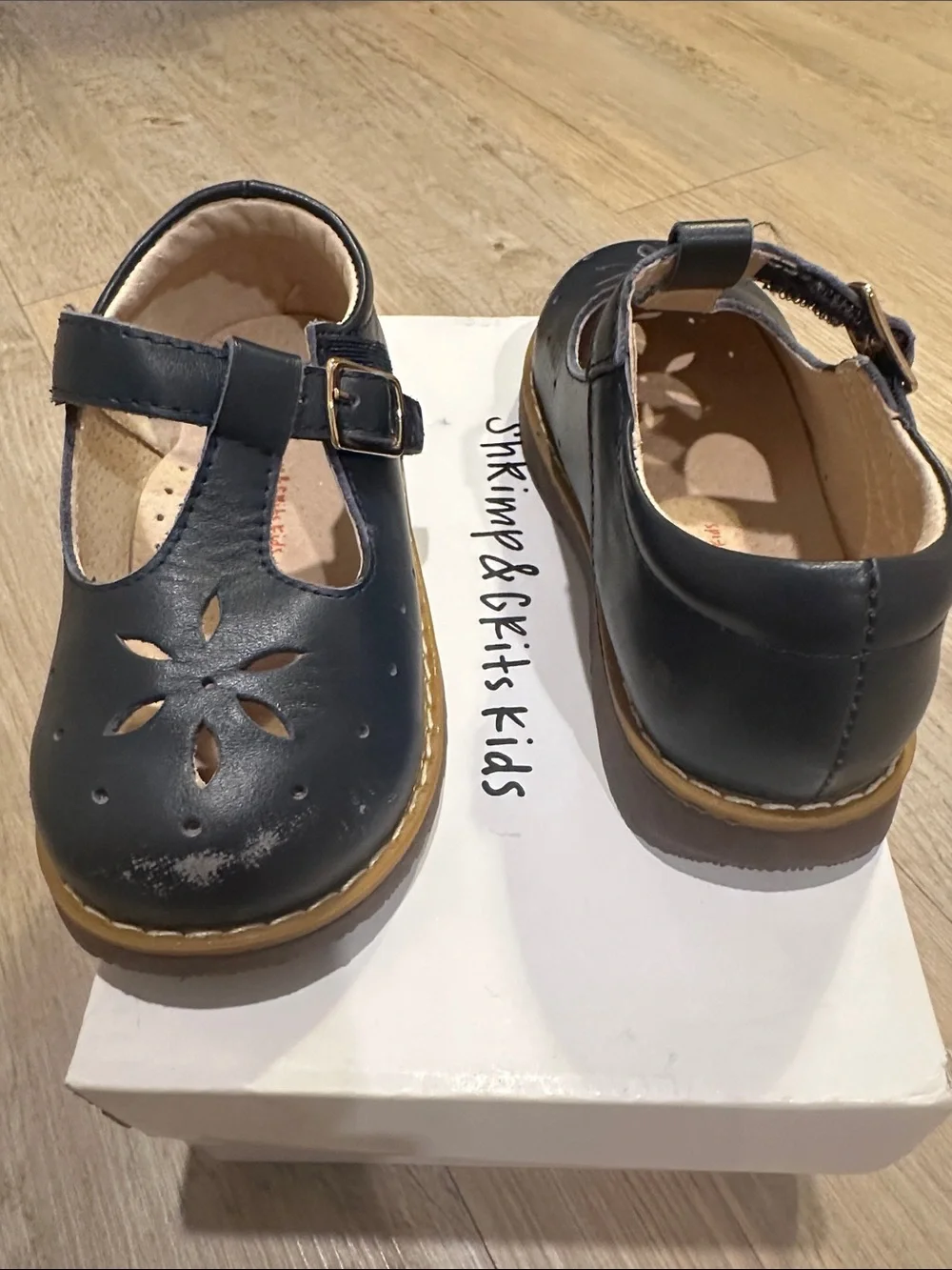 Girls Navy T-Strap Dress Shoes with Floral Cutouts
